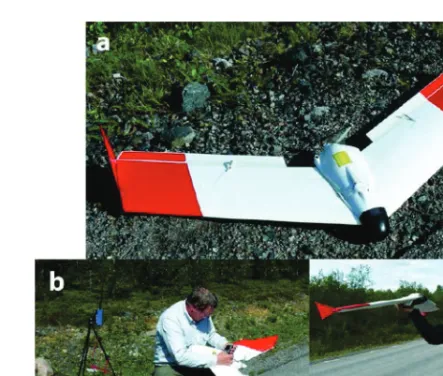 Figure 5. UAS by SmartPlanes Sweden AB; a) SmartOne aircraft, b) control station, c) ready for  take-off.
