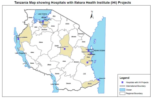 Figure 2:  Tanzania Map showing with Hospital with IHI Projects 