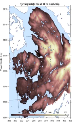 Figure 7.Map showing the terrain height data at 50 m resolution for Bergen kommune. 
