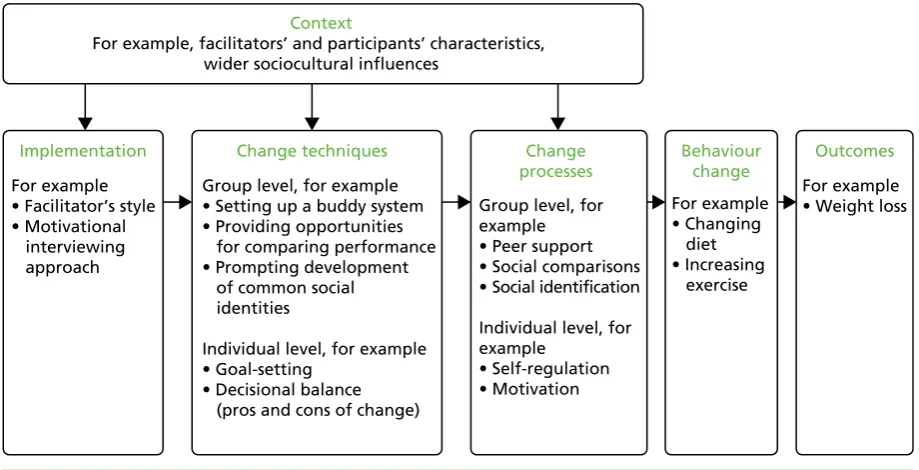 FIGURE 1 Logic model of components influencing behaviour change and outcomes in group interventions