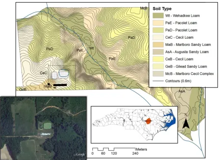 Figure 8:  Johnston County, NC, research site with soil and 0.6 meter contours. 