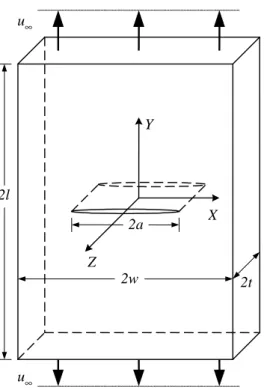 Figure 5.1 A through-thickness center-cracked plate subjected to a uniform far-field displacement.