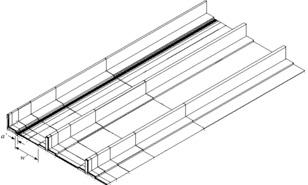 Figure 5.8 The finite element model of a one-fourth center-cracked stiffened panel