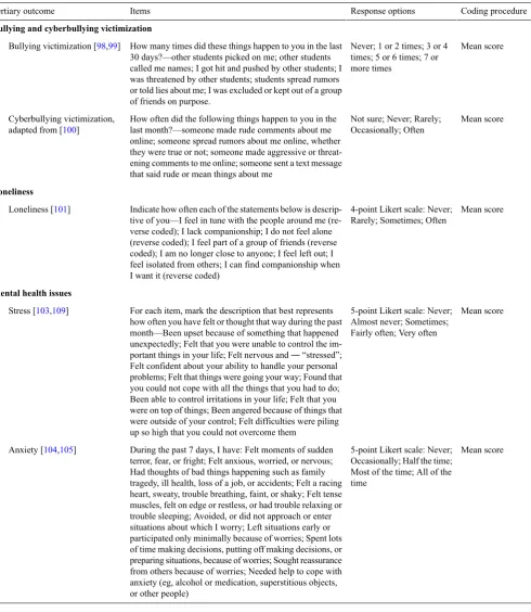 Table 3. Tertiary outcomes, items, response options, and coding procedures.