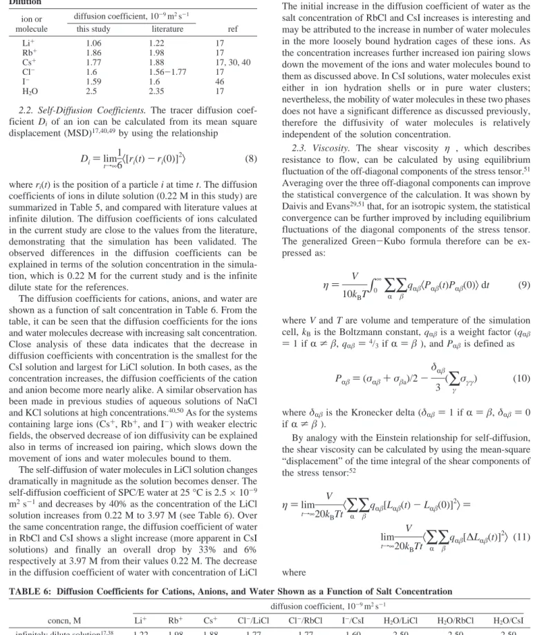 TABLE 6: Diffusion Coefficients for Cations, Anions, and Water Shown as a Function of Salt Concentration diffusion coefficient, 10 -9 m 2 s -1
