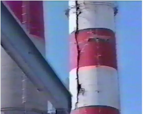 Figure 1-7: Structural damage to Turkey Point unit 1 exhaust stack [24].