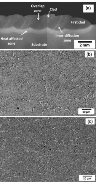 Figure 1. 9 SEM images of the cross-section of multi-track laser clad AISI H13 tool steel processed with a laser energy density of 133 J/mm2 and powder density of 13.3  g/mm2 showing the (a) low-magnification view of the clad zone and the high-magnificatio