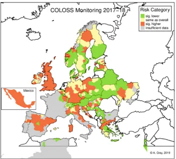 Figure 1. Color-coded map showing relative risk of overwinter colony loss at regional level for participating countries