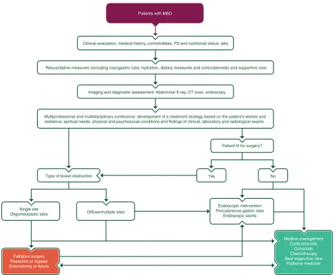 Figure 5 Algorithm for the management of malignant bowel obstruction (MBO).  PS, performance status.