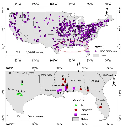 Fig. 3-1 (a) Location of US MOPEX basins (Duan et al. 2006) and (b) seventeen study areas located in south-eastern United States 
