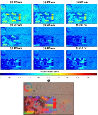 Fig. 4. Multispectral imaging of the scene in Fig. 1(b). (a) - (i) Relative reﬂectance images foreach (respectively labelled) wavelength channel