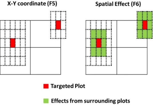 Fig 2. Illustration of spatial effects employed in the F 5 and F 6 test. In the F 5 test, we fitted X- and Y-coordinates as the spatial effect in the model, whereas for the F 6 test, we included its eight surrounding plots as well in the spatial effect (as