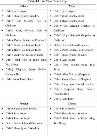 Table 4.1 : Arc View Control Keys 