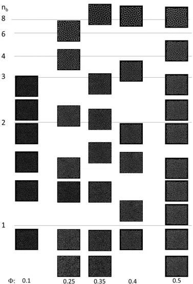 FIG. 2. Simulation snapshots at tparticles per “repulsion zone,” = 106 time steps and EA = −7 showing dependence of structure on area fraction � and number of nb (see text)