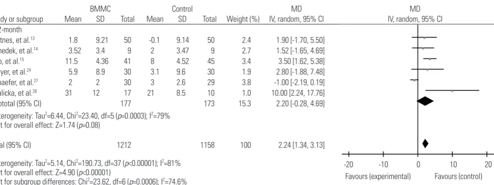 Fig. 5. Forest plot of change in left ventricular ejection fraction of BMMC transplantation at different time durations