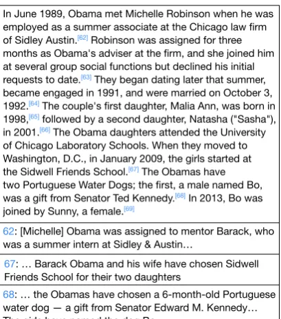 Figure 2: A paragraph from the “Family and personallife” section of Barack Obama’s Wikipedia page andselected excerpts from the cited documents which pro-vide supporting evidence.