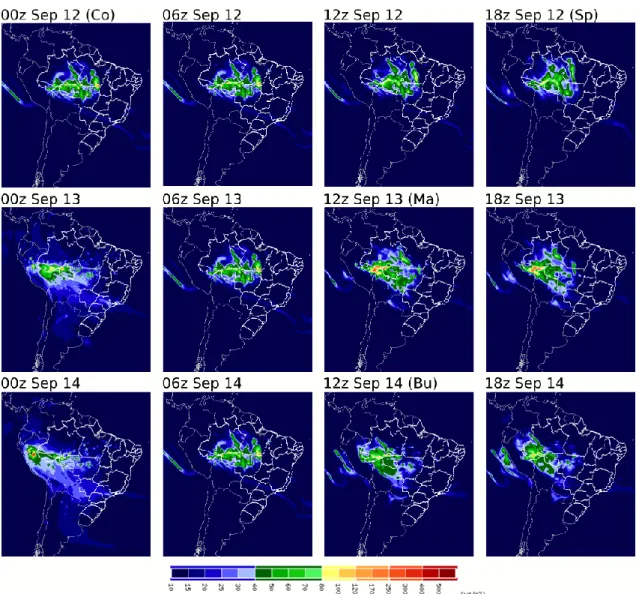 Fig. 1. Aerosol concentration (PM2.5, gm -3 ) at 3000 m from CATT-BRAMS model weather forecasts are shown from 0Z September  12 th  to 18Z September 14 th  2012
