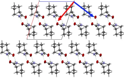 Figure 5.Crystal structure of Form II caprolactam viewed down the principal components of strain (Red arrow 19.1(2) TPaFigure 5