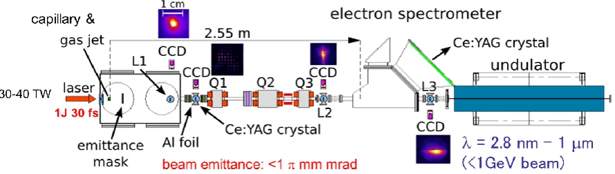 Figure 2. Layout of the ALPHA-X beamline showing the LWFA, quadrupole magnets, dipole spectrometer and 100 period undulator