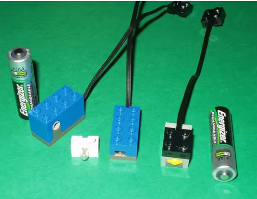 Figure 3.5 LEGO® Mindstorms™ sensors from left to right: rotation sensor, lamp, light sensor, and touch sensor