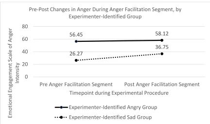 Figure 3. Regardless of experimental condition, participants in the experimenter-identified sad group reported a greater increase in anger intensity during the anger facilitation segment, compared to participants in the experimenter-identified angry group;