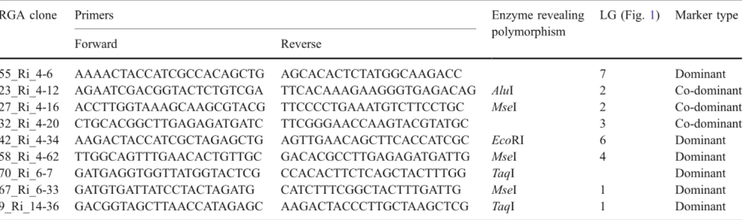 Table 2 Specific primers based on cloned RGA sequences from ‘Latham’ red raspberry that generated polymorphic SCAR and CAPS markers in a ( ‘Titan × ‘Latham’) × ‘Titan’ B 1 red raspberry population with the corresponding restriction enzyme for the CAPS mark