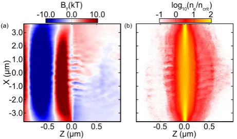 Figure 3. 2D simulation results at(b) the electron density,from the left along thewhen the peak of the ﬁrst pulse reaches the target) for a laser pulse with0 t = −0.325 ps (where t = 0 is the time E1 =.1E0 showing the spatial proﬁle of (a) the transverse m