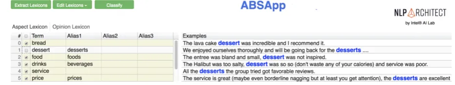Figure 3: ABSApp user interface for displaying the accumulated amount of positive & negative sentiment peraspect (top) and sentences containing sentiment towards a speciﬁc aspect (bottom).
