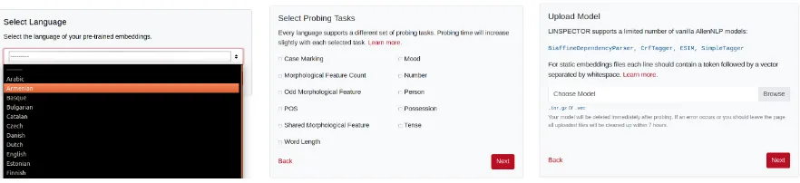 Figure 1: Left: Language selection, Middle: Probing task selection, Right: Uploading model.