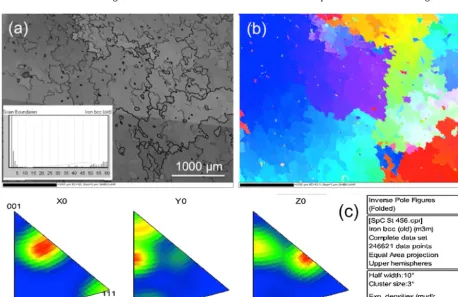 Fig. 2 – Grains observed from the cross-section: (a) grain morphology and distribution of orientations; (b) IPF-colouredgrains; and (c) IPF ﬁgures showing the distribution of orientations.