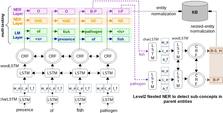 Figure 2: System Architecture for NER task, consisting of two bi-LSTM-CRF architectures: Level1 NER to detectparent entities and Level2 Nested NER to detect sub-concepts within the parent entities (output of Level1 NER).HabitatHere, w e: a word embedding vector; c_e: an embedding vector for a word computed using character-level bi-directional LSTM; t_f: a vector of additional linguistic features; B_P: B_Pathogen; B-S_H: a sub-concept of type detected by the Level2 Nested NER run over the the parent entity.