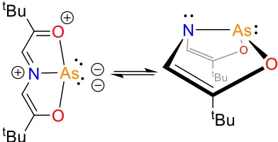 Figure 1.7. Arduengo’s 10–As–3 T–shaped complex (mer-, left) and in the bent shape (fac-, right)