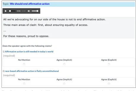 Figure 3: A screenshot of one unit within a speech-level annotation scheme. The unit contains a full speech (thefull text is not shown due to space constraints) and a list of claims (partially shown).