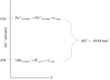 Figure 4.5 presents a visual depiction of ΔG° for the oxidation of Fe2+(0.01M) using the H2(1atm) to H+(a=1) oxidation reaction as a reference