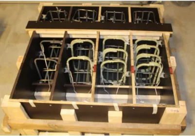 Figure 3.5 Steel cages installed for the first halves of 4 specimens before concrete                    casting 