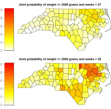 Figure 4: Joint probabilities for being low birth and being born before 37 weeks and 32 weeksby county of residence