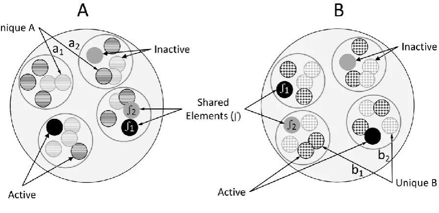 Figure 3. A stimulus consists of unique elements (e.g., a1, a2, represented with horizontally lined 