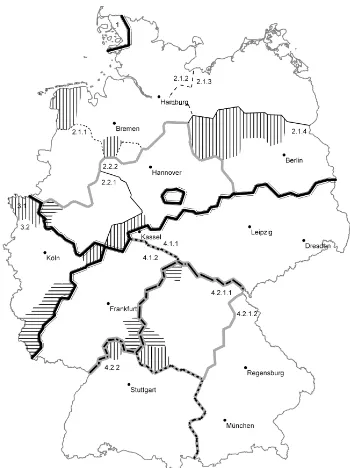 Figure 4: German dialect Regions after Lameli (2013).Shaded areas denote dialect overlap.