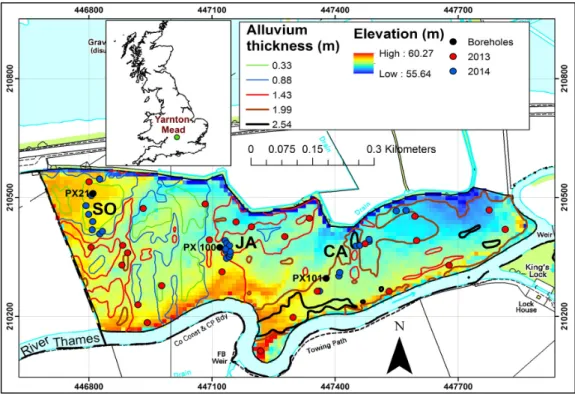 Figure 1. Yarnton Mead with sampling locations for 2013 and 2014, elevation map (from airborne  LIDAR survey in June 2014) and alluvium thickness contour lines (Courtesy of Hanson UK), overlaid  on Ordnance Survey 1:10,000 scale base-map