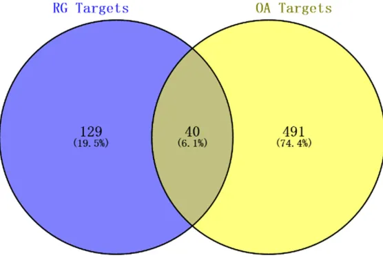 Figure 4. Venn diagram of the common targets both in Cinnamomum Cas-sia (RG) and OA targets network construction and analysis