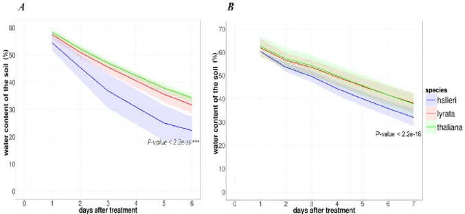 Figure 13: Soil water content during the first 7 days after water withdrawal. Decrease  in  soil  water  content  after  water  withdrawal  in  the  first  (A)  and  the  second  (B)  biological experiments for Arabidopsis halleri, A