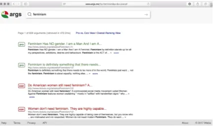 Figure 1: The pro vs. con view of args.me, showing theargument search results for the query “feminism”.