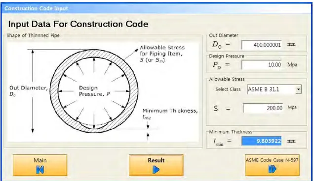 Fig.3 shows the screen to obtain the minimum required wall thickness tmin calculated from equation (2) using the data typed in the screen