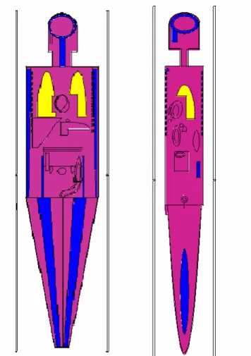 Figure 4-1.  Coronal (left) and sagittal (right) slices of the ORNL MIRD phantom from  the MCNP geometry plotter