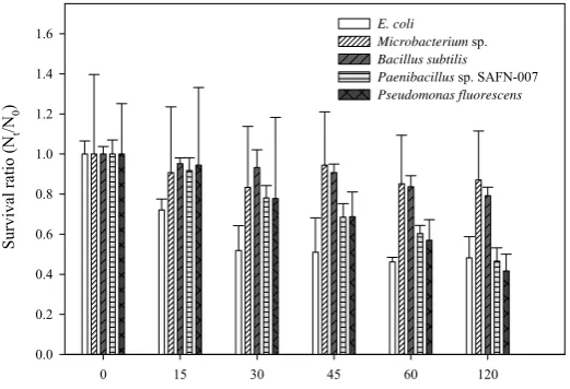 Figure 2.   Survival ratios (Nt/N0) as a function of exposure duration (without TiO2) for E