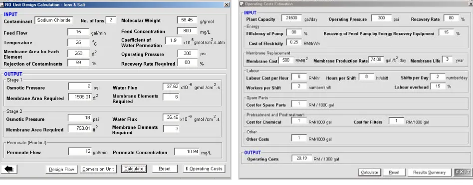 Figure 2. Calculation Screen for RO Module: Ions & Salt    Figure 3. Cost Estimation Screen for RO Module: Ions & Removal