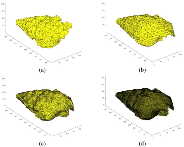Fig. 2. A single shelly grain meshed with different mesh sizes (a) coarse mesh, (b) intermediate size mesh, (c) fine mesh and (d) super fine mesh 