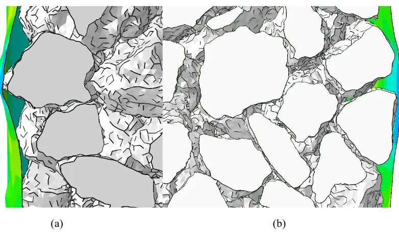 Fig. 1. Views of the full experimental specimen at: (a) 0% axial strain and (b) 10% axial strain and of the numerical specimen at: (c) 0% axial strain and (d) 10% axial strain 