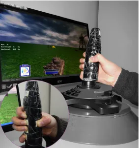 Figure 1. A subject is using the computer-assisted wrist/hand training ap-paratus. The photograph at bottom left shows the locations of force sensing resistors (FSRs).