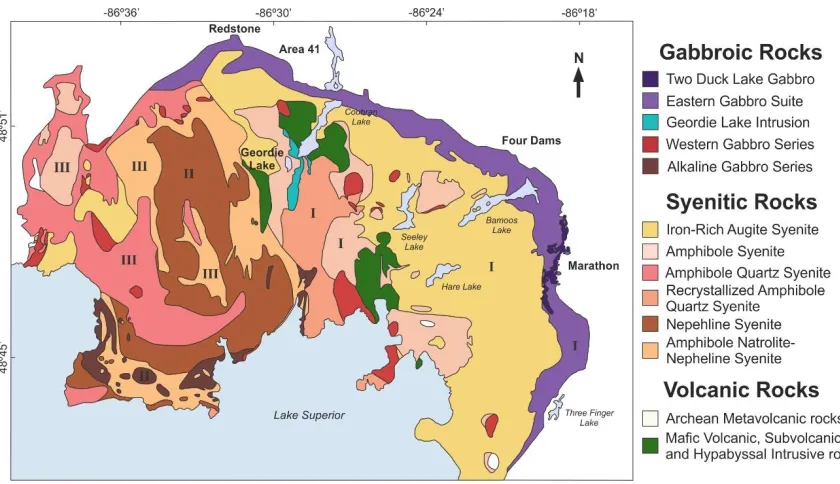 Figure 2.1 Geological map of the Coldwell Complex showing the location of the Eastern Gabbro (light purple) and the Two Duck Lake gabbro (dark purple), the host of the Marathon Cu-Pd deposit